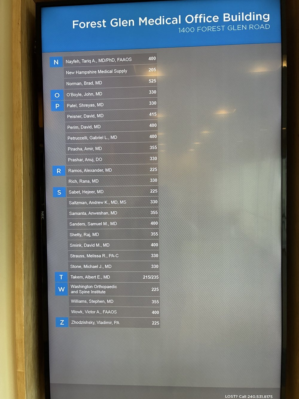Lobby directory at the Forest Glen Medical Office Building listing Takem, Albert E., MD in Suites 210 and 235